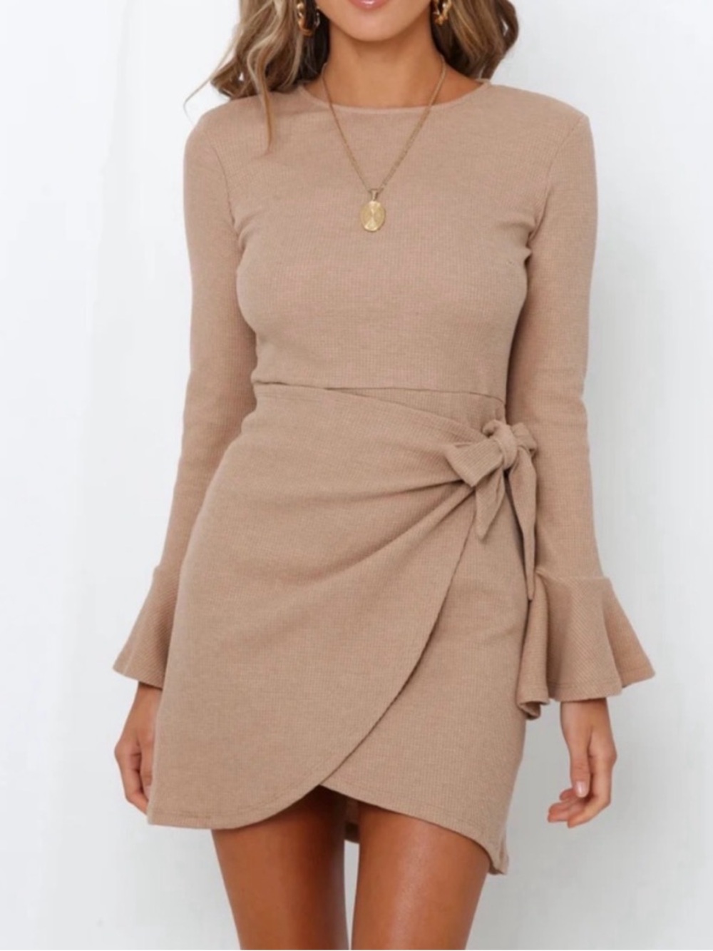 NWT Hello Molly‎ You For Me Beige Waffle Knit Mini Wrap Dress XS 2 Neutral Chic